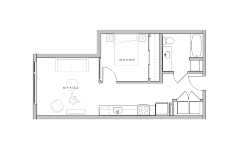 Floor plan for 1 bed, 1 bath, 584 sqft